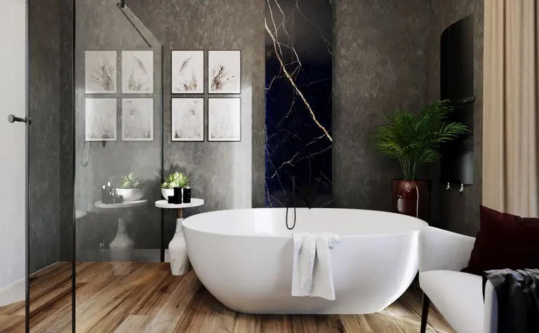 Nowoczesna łazienka z wanną, marmurowymi akcentami, styl glamour, quiet luxury, współczesny
