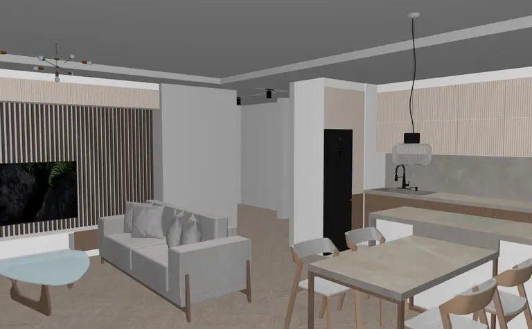 Wnętrze salonu z minimalistycznym designem, szare meble i drewniane akcenty.