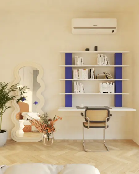Wnętrze biura w stylu eklektycznym z art deco, minimalistycznym, vintage i nowoczesnym.