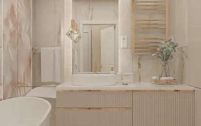 Nowoczesna łazienka z wanną, umywalką i marmurowymi akcentami w stylu glamour