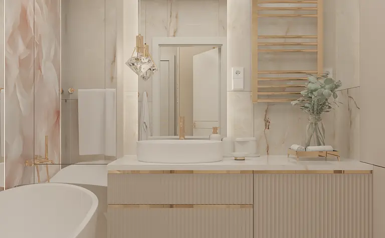 Nowoczesna łazienka z wanną, umywalką i marmurowymi akcentami w stylu glamour