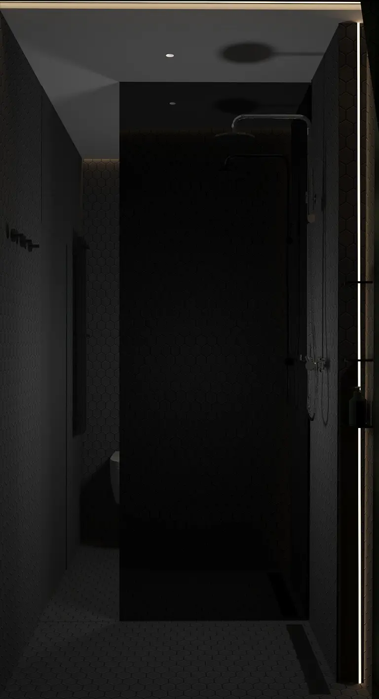 Nowoczesna łazienka z minimalistycznym prysznicem, czarnymi płytkami i oświetleniem LED.