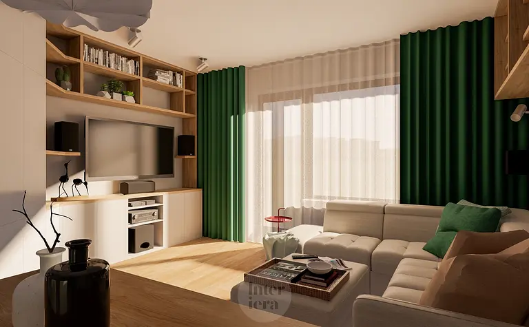 Wnętrze salonu z eklektycznym stylem, nowoczesnymi meblami i współczesnymi akcentami.