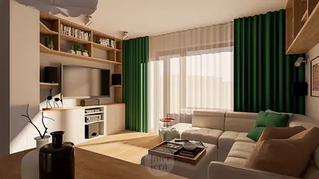 Wnętrze salonu z eklektycznym stylem, nowoczesnymi meblami i współczesnymi akcentami.