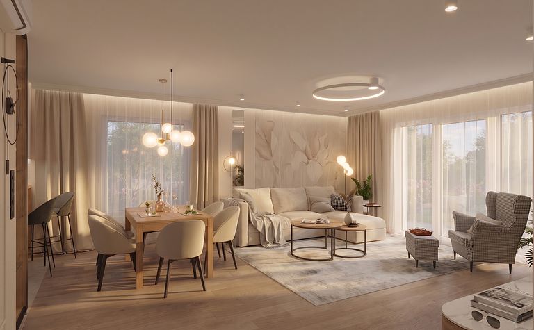 Wnętrze salonu z jasnymi meblami i dekoracjami dopamine decor