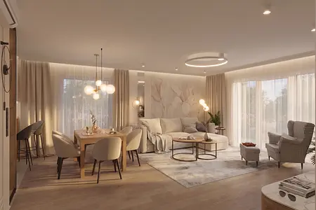 Wnętrze salonu z jasnymi meblami i dekoracjami dopamine decor