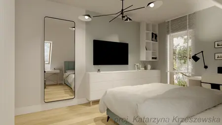 Wnętrze sypialni z białym łóżkiem, minimalistycznym wystrojem i dużym lustrem.