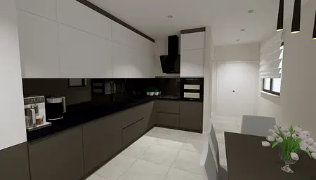 Kuchnia z białymi meblami, ciemnym blatem i roślinami.