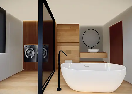 Łazienka z minimalistycznym i skandynawskim wystrojem, wanna, pralka i drewniane akcenty.