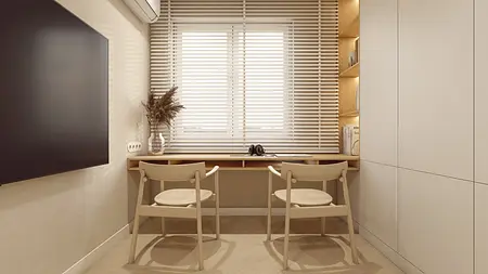 Wnętrze gabinetu w stylu japandi z minimalistycznym biurkiem i nowoczesnymi detalami.