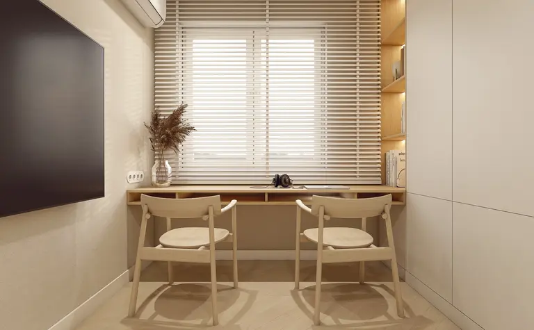 Wnętrze gabinetu w stylu japandi z minimalistycznym biurkiem i nowoczesnymi detalami.