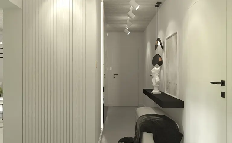 Przedpokój w stylu minimalistycznym z białymi ścianami i czarnymi detalami.