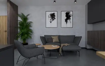 Wnętrze salonu w stylu industrialnym i minimalistycznym z szarymi ścianami.