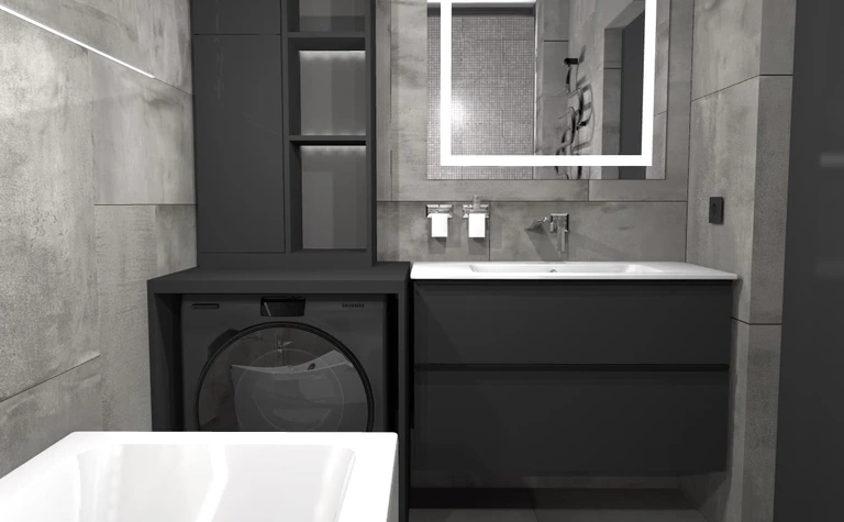 Wnętrze łazienki z minimalistycznym designem, dopamine decor, industrialnym i japandi.