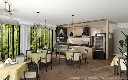 Wnętrze restauracji z drewnianymi stołami, zielonymi dekoracjami i nowoczesnym oświetleniem.