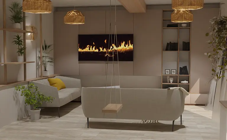 Wnętrze salonu w stylu boho z jasnymi meblami i roślinami.