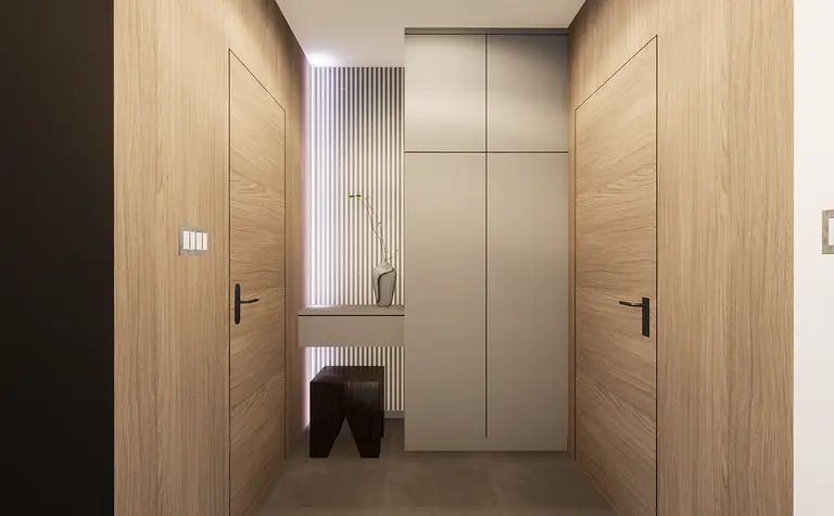 Przedpokój z elementami glamour, minimalistycznymi i nowoczesnymi. Drewniane akcenty.