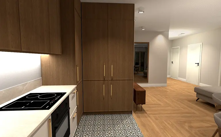 Wnętrze kuchni z drewnianymi meblami, płytkami i oświetleniem LED, styl współczesny.