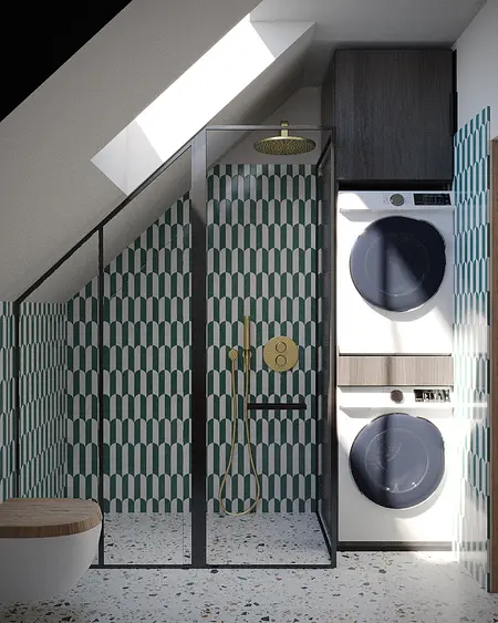 Nowoczesna łazienka w stylu boho, japandi i minimalistycznym z prysznicem i pralką.