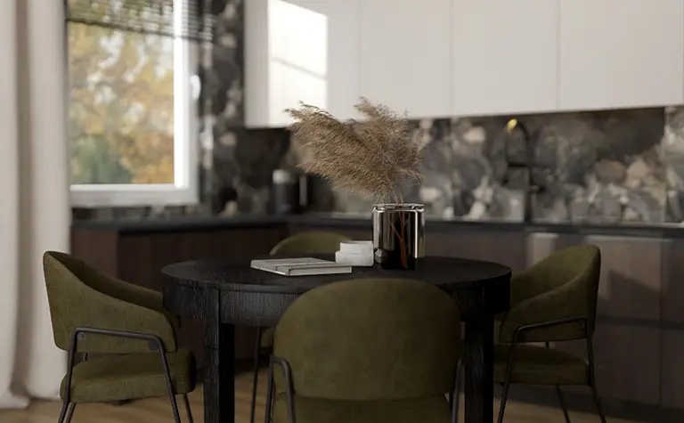 Wnętrze jadalni w stylu quiet luxury, współczesne z okrągłym stołem i zielonymi krzesłami.