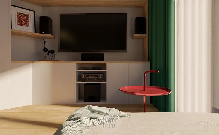 Nowoczesne wnętrze salonu z telewizorem, eklektycznymi akcentami i zielonymi zasłonami.