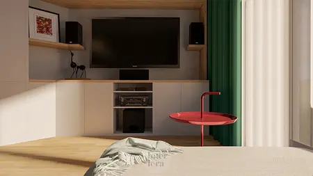 Nowoczesne wnętrze salonu z telewizorem, eklektycznymi akcentami i zielonymi zasłonami.