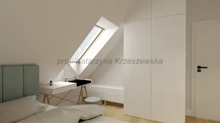 Sypialnia z białymi meblami, minimalistyczny styl, okno połaciowe, drewniana podłoga