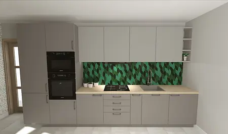 Wnętrze kuchni z szarymi meblami i zieloną mozaiką