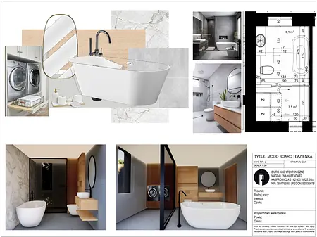 Nowoczesna łazienka z białą wanną, drewnianymi meblami, minimalistyczne i skandynawskie elementy.