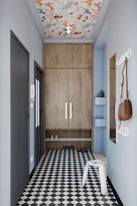 Przedpokój w stylu art deco i eklektycznym z drewnianą szafą.