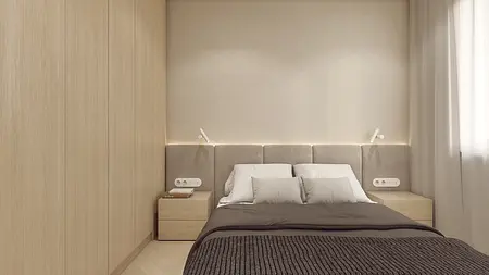 Sypialnia w stylu japandi i minimalistycznym z jasnym drewnem