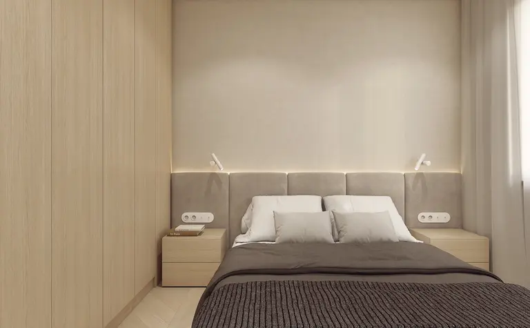 Sypialnia w stylu japandi i minimalistycznym z jasnym drewnem