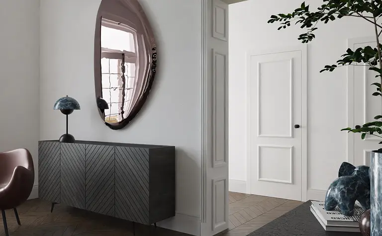 Wnętrze z lustrem w stylu art deco, eklektycznym i vintage, z drewnianymi akcentami.