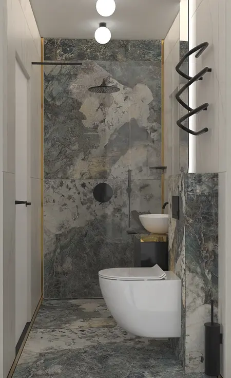 Wnętrze łazienki z kamiennymi ścianami i białą umywalką, styl dopamine decor i minimalistyczny.
