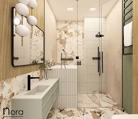 Nowoczesna łazienka art deco z minimalistycznymi detalami i boho elementami.