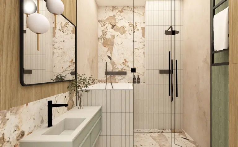 Nowoczesna łazienka art deco z minimalistycznymi detalami i boho elementami.