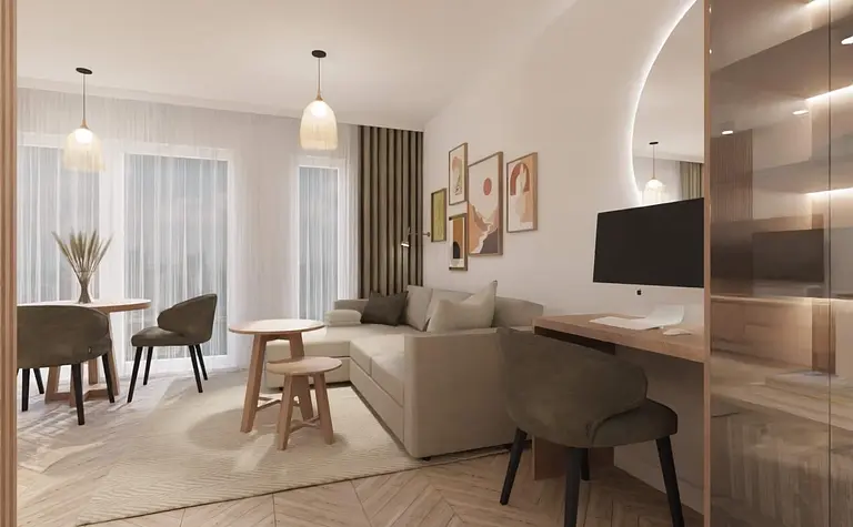 Wnętrze w stylu boho i nowoczesnym z sofą, stolikami i biurkiem.