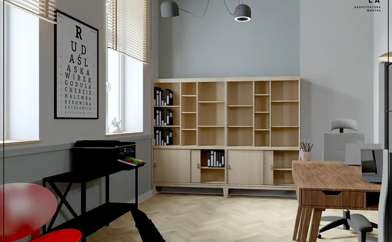 Wnętrze gabinetu vintage z drewnianym biurkiem i regałem.