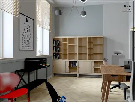 Wnętrze gabinetu vintage z drewnianym biurkiem i regałem.