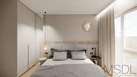 Sypialnia w stylach boho, japandi i skandynawskim z szarym łóżkiem i drewnianymi elementami.
