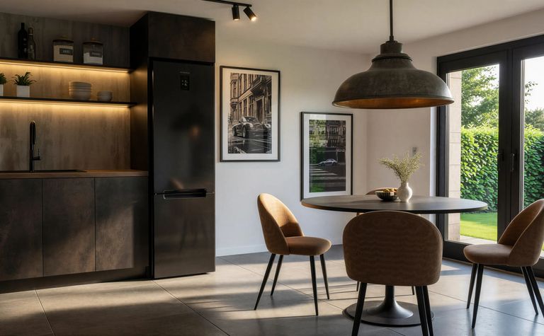 Wnętrze kuchni w stylu industrialnym i minimalistycznym z drewnianymi akcentami