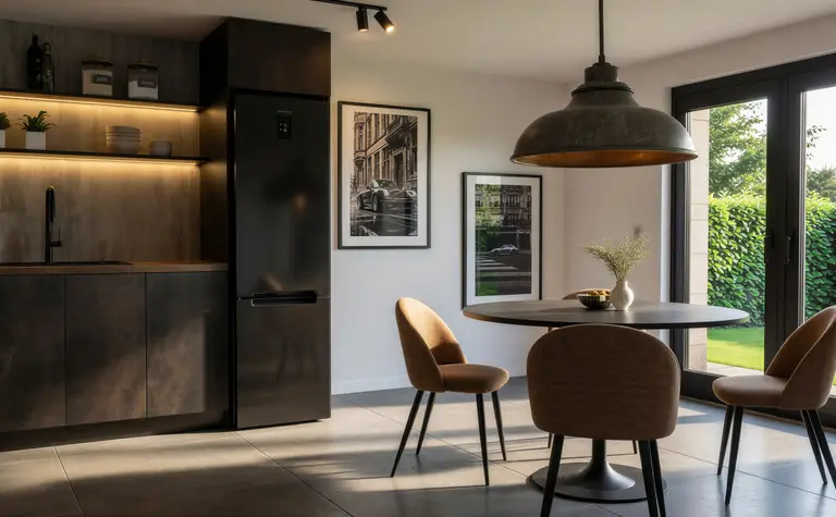 Wnętrze kuchni w stylu industrialnym i minimalistycznym z drewnianymi akcentami