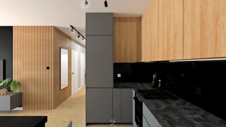 Wnętrze kuchni z drewnianymi i szarymi meblami, minimalistyczny design, nowoczesne wykończenie.