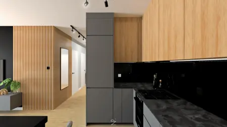 Wnętrze kuchni z drewnianymi i szarymi meblami, minimalistyczny design, nowoczesne wykończenie.