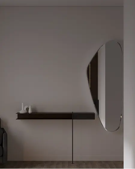 Nowoczesny przedpokój z drewnianą półką i minimalistycznym lustrem