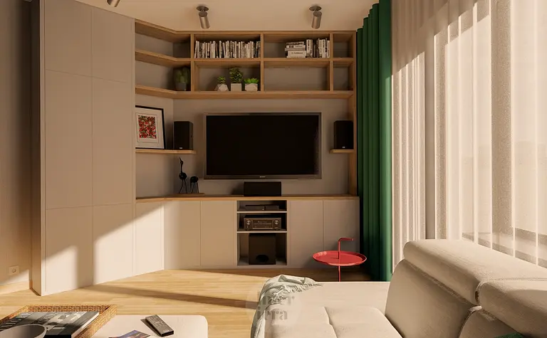 Wnętrze salonu z eklektycznymi detalami, nowoczesnym meblem i współczesnymi akcentami.