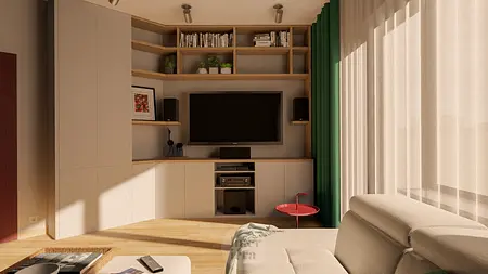 Wnętrze salonu z eklektycznymi detalami, nowoczesnym meblem i współczesnymi akcentami.