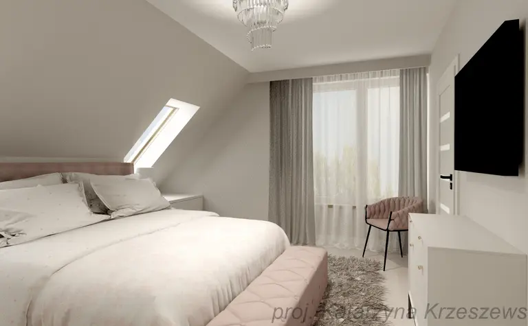 Sypialnia w stylu glamour i minimalistycznym z jasnymi ścianami.