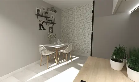 Kącik jadalniany z białym stołem, krzesłami i roślinami w nowoczesnym wnętrzu.