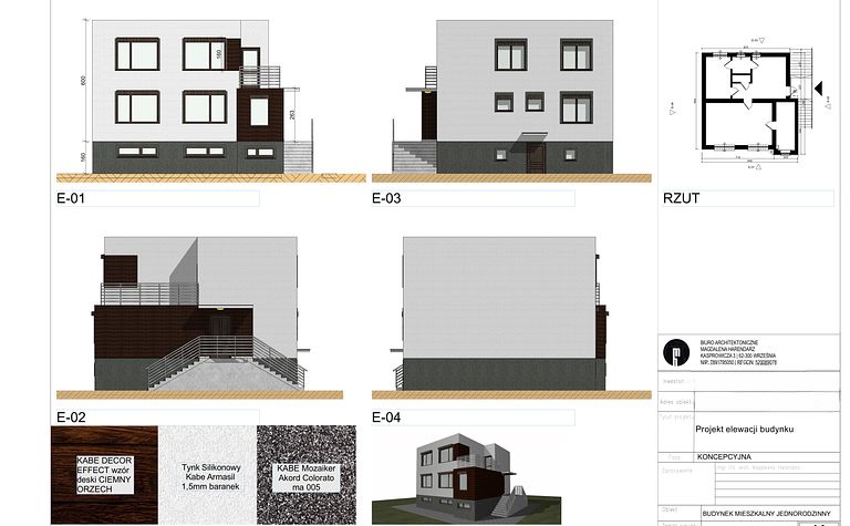 Elewacja budynku z drewnianymi detalami i oknami, tradycyjny design.